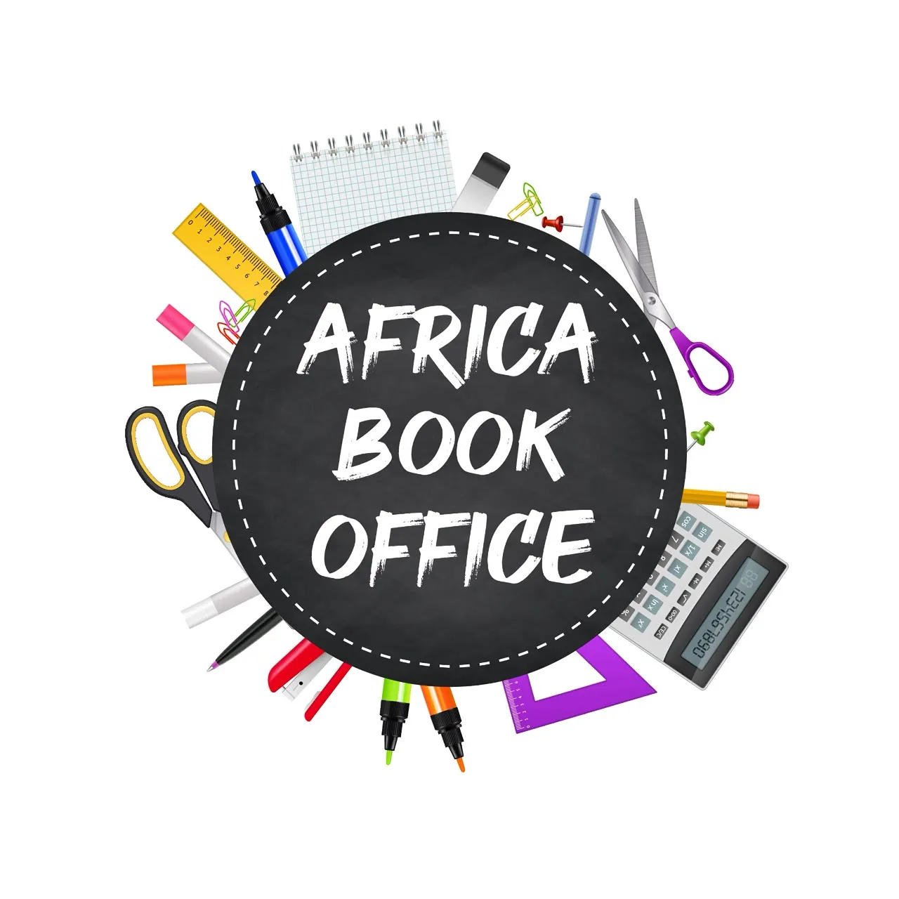 Logo Africa Book Office : le nom écrit à la craie dans un cercle noir, entouré de fournitures de bureau.