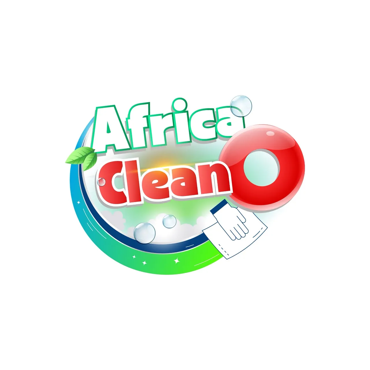 Logo Africa Clean en lettres vertes et rouges, avec des bulles de savon, une feuille et une main gantée.