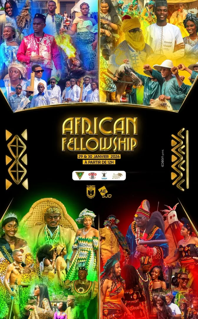 Affiche d'African Fellowship 2026, les 29 et 30 janvier, avec des photos de tenues traditionnelles en quatre panneaux de couleur.