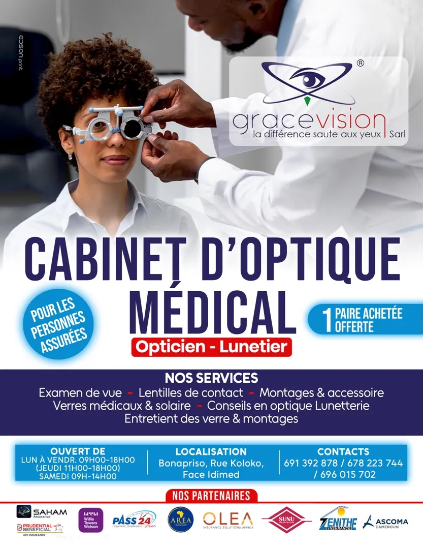 Affiche du cabinet d'optique médical Grace Vision : un examen de vue, la liste des services, les horaires, l'adresse à Bonapriso et les assureurs partenaires.