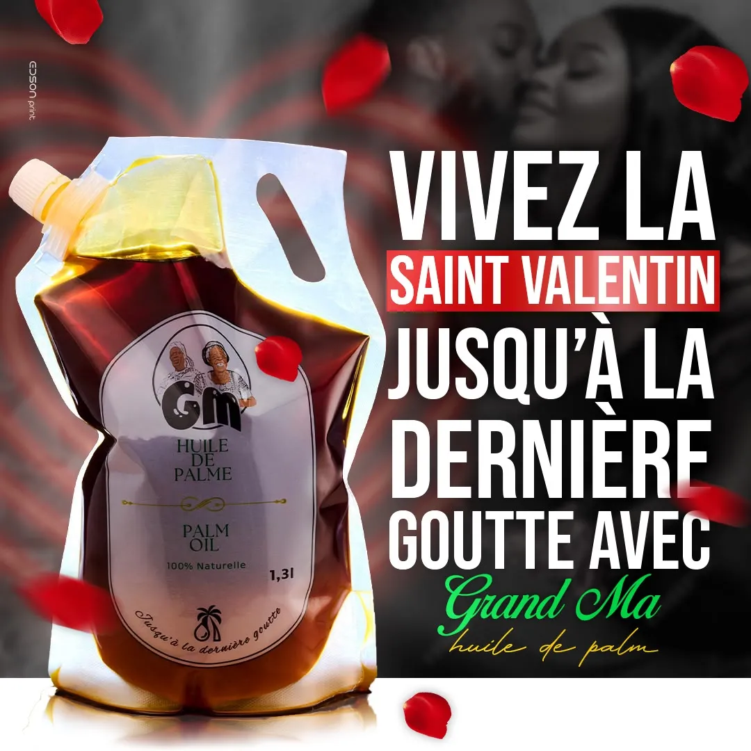 Visuel produit de Saint-Valentin pour l'huile de palme Grand Ma : le sachet de 1,3 litre entouré de pétales de rose, avec le slogan « Jusqu'à la dernière goutte ».