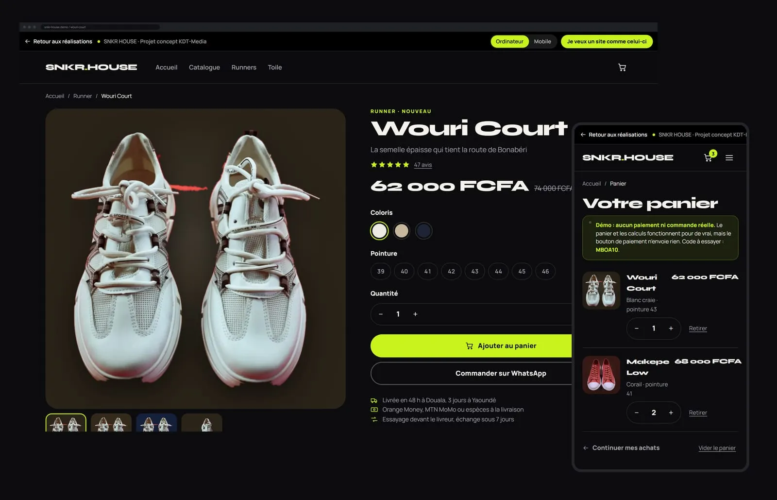Fiche produit Wouri Court sur ordinateur, avec choix du coloris et de la pointure, et le panier rempli affiché sur un téléphone à côté.