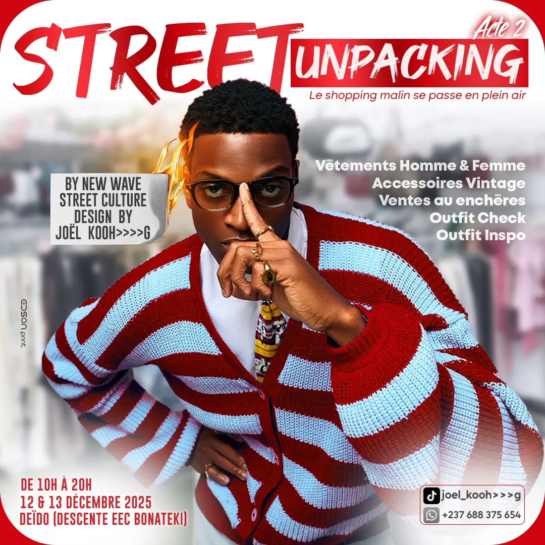 Affiche de Street Unpacking acte 2, marché de mode en plein air à Deïdo les 12 et 13 décembre 2025, avec un mannequin en cardigan rayé rouge et bleu.