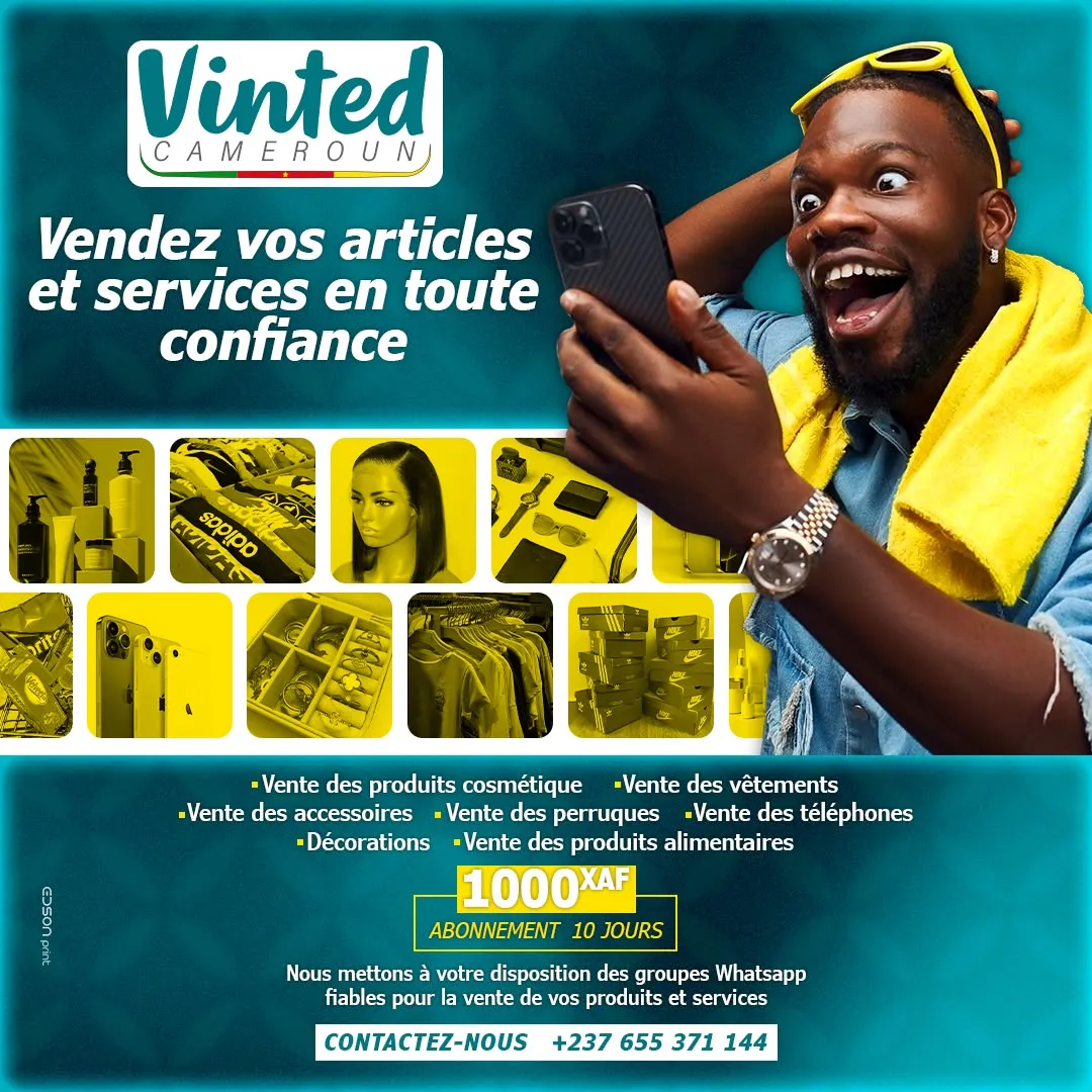 Affiche Vinted Cameroun « Vendez vos articles et services en toute confiance » : un homme surpris devant son téléphone, une mosaïque de produits et l'abonnement de 10 jours.
